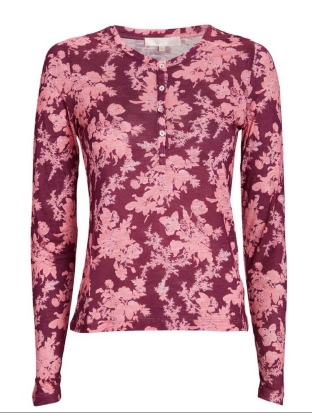 LoveShackFancy Pink Floral Henley Long-Sleeve Top - Mulberry Sunrise Medium